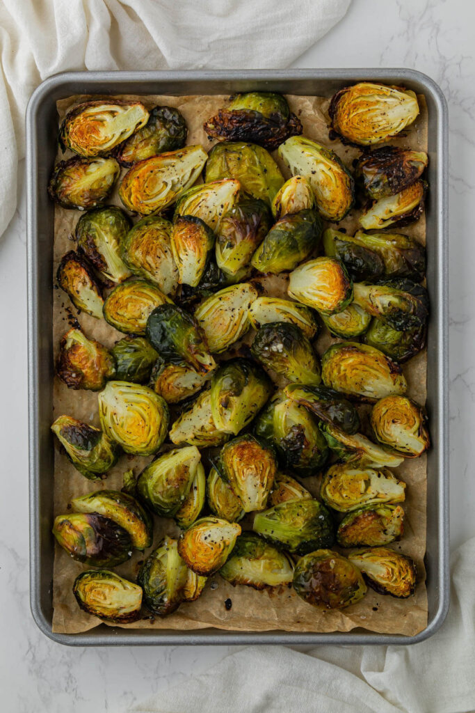Red Lobster Brussels Sprouts cooked on baking sheet
