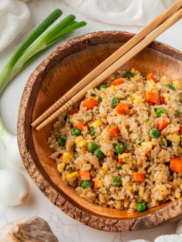 Fried rice in large wooden bowl