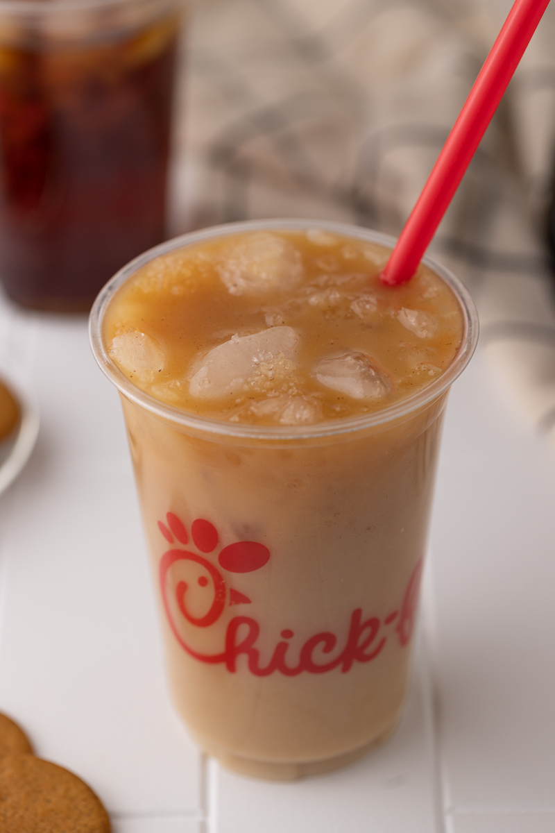 angled overhead shot of Chick fil a iced coffee