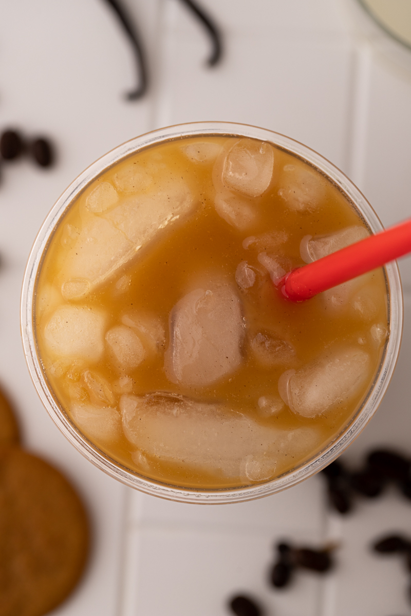 overhead shot of Chick Fil A vanilla iced coffee