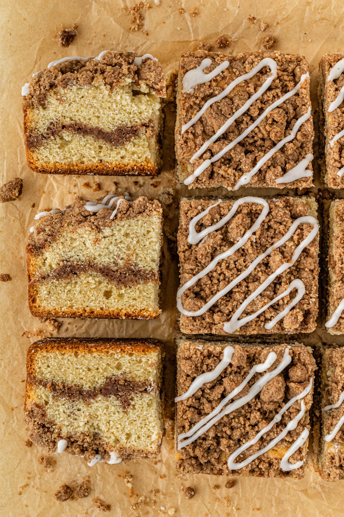 overhead view of Starbucks Coffee Cake with icing, half upright half on side