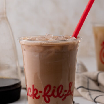 side shot of a cup of chick fil a mocha cold brew