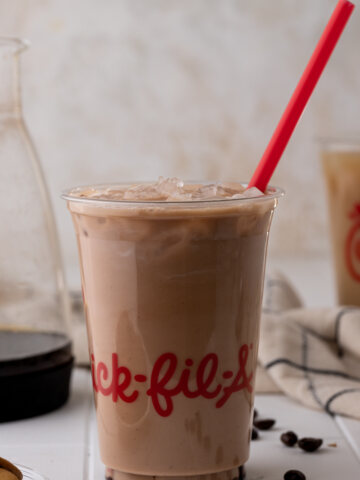 side shot of a cup of chick fil a mocha cold brew