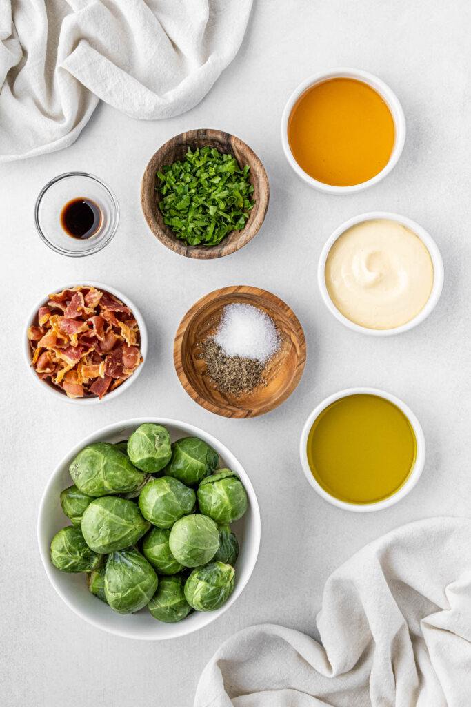 overhead view of outback brussels sprouts ingredients in individual bowls