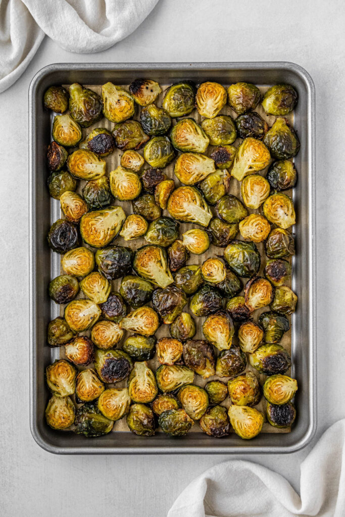 overhead view of cooked outback brussels sprouts