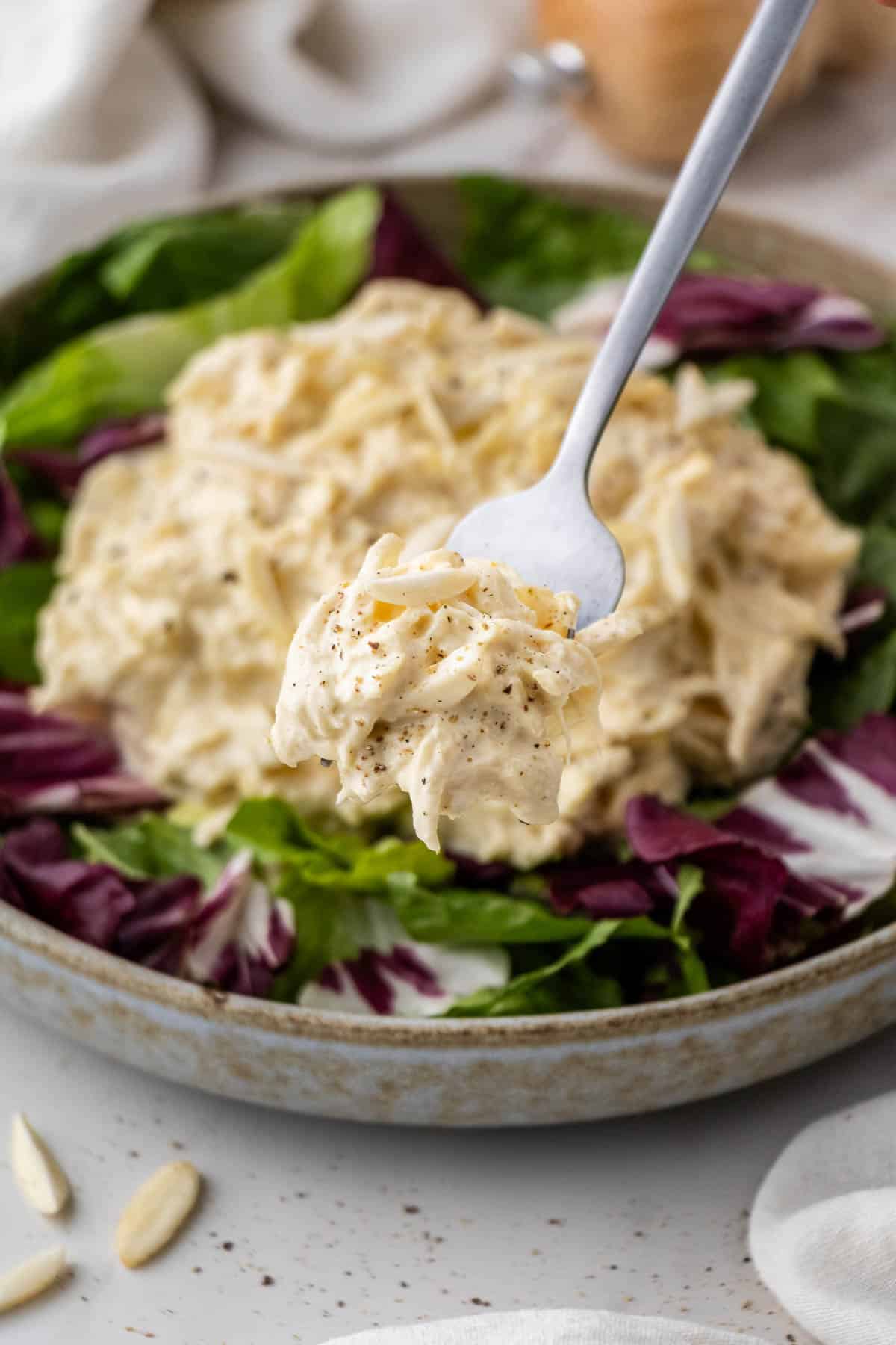 Jason's Deli chicken salad on bed of mixed greens in a bowl with a silver fork