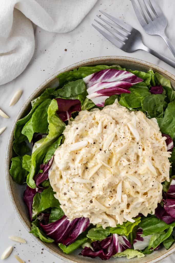 overhead close up of Jason's Deli chicken salad recipe on bed of mixed greens in a bowl