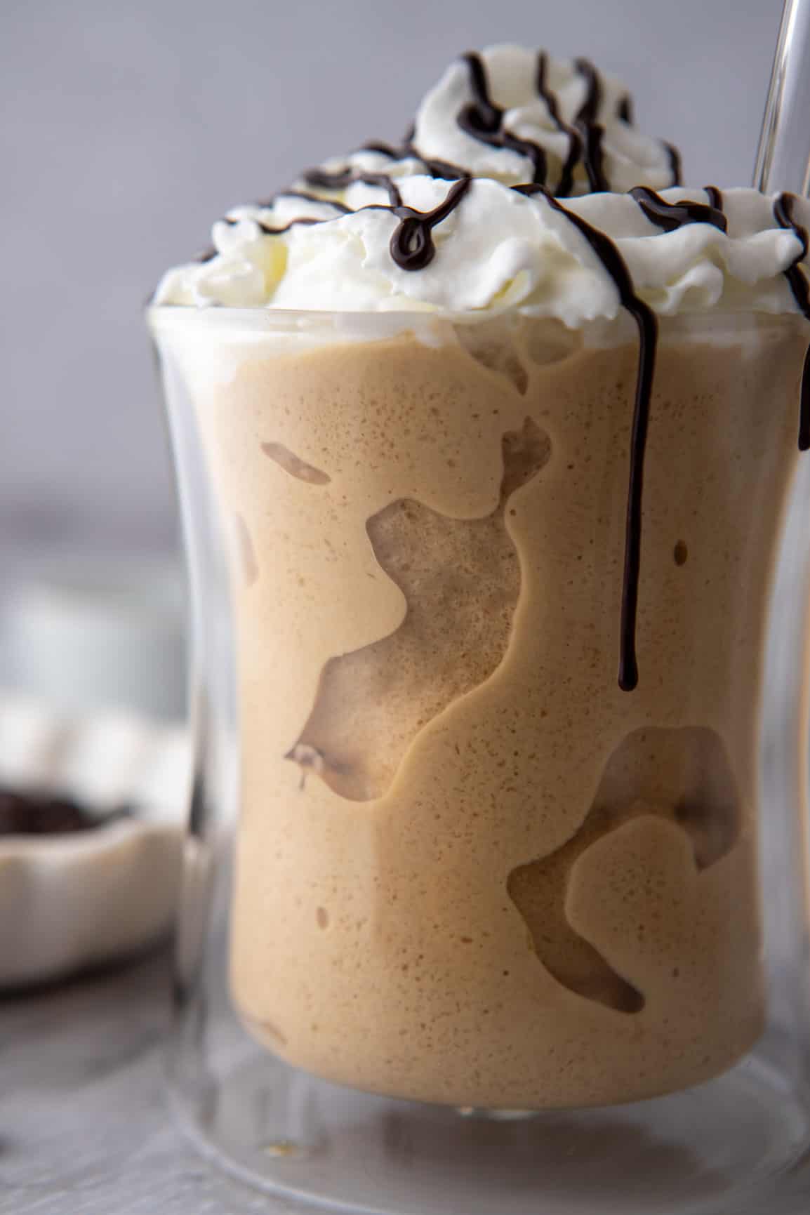 side shot of dunkin frozen coffee recipe in a glass