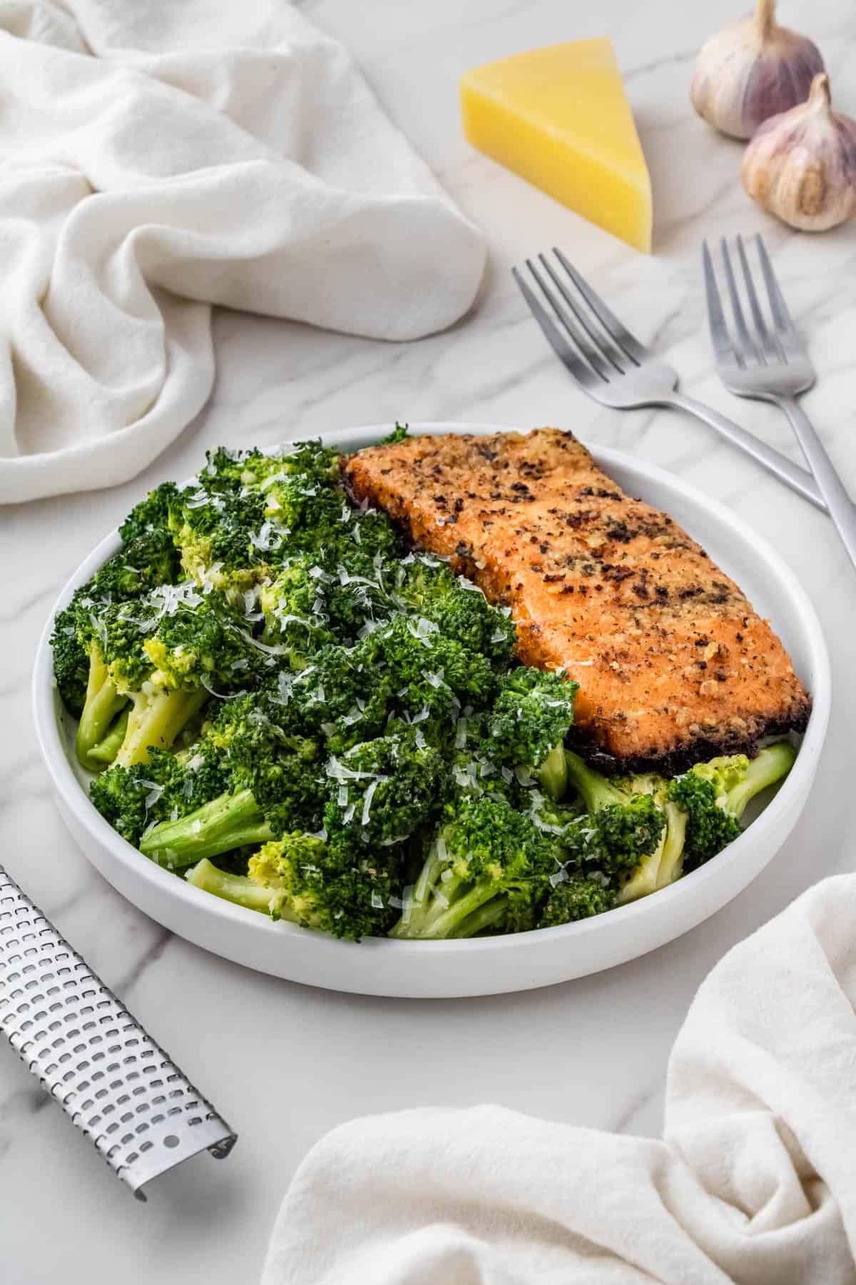 Longhorn Steakhouse Broccoli recipe with cheese and salmon on white plate