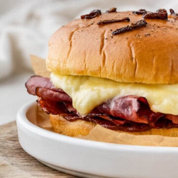 close up of Arby's Beef and Cheddar copycat on a white plate