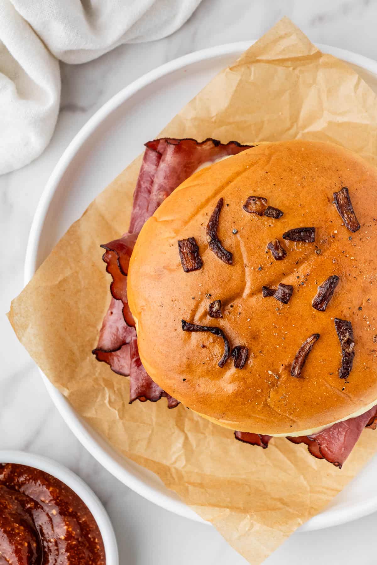 overhead view of Arby's Beef and Cheddar copycat on a white plate