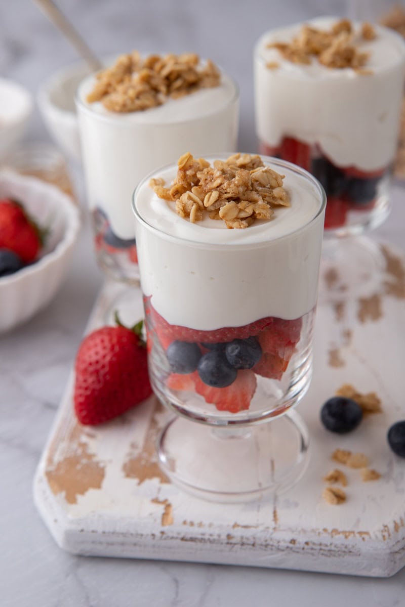 three mcdonald's parfait recipe next to each other