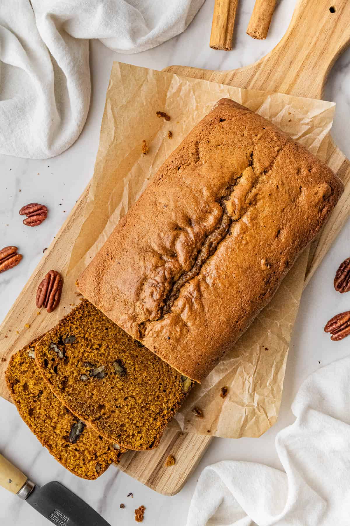 overhead view of Libby's pumpkin bread recipe loaf