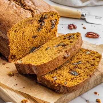 overhead view of Libby's pumpkin bread recipe loaf