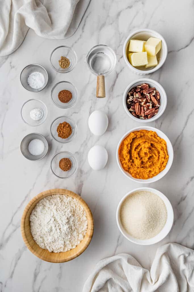 overhead view of Libbys pumpkin bread recipe ingredients