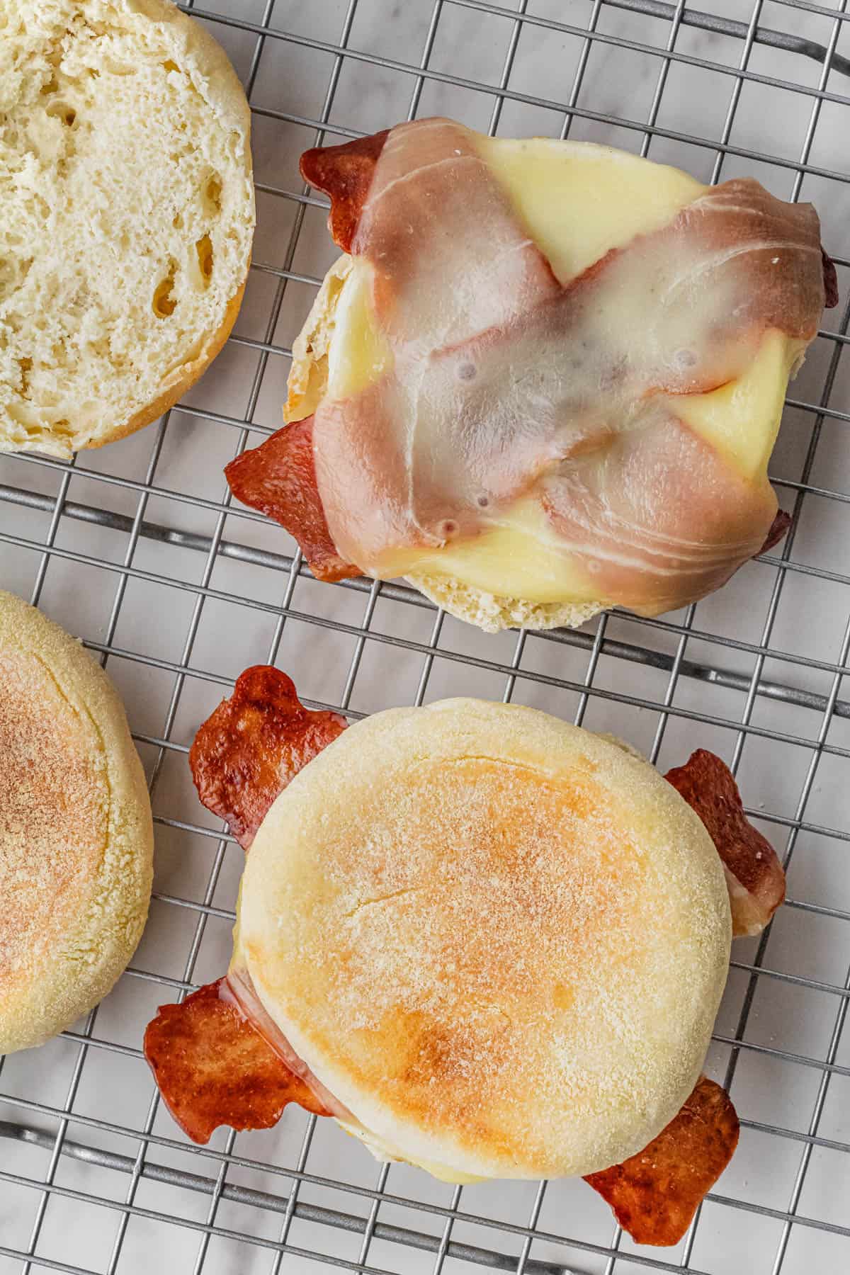 close up of Starbucks Turkey Bacon Sandwich recipe one without top and one with