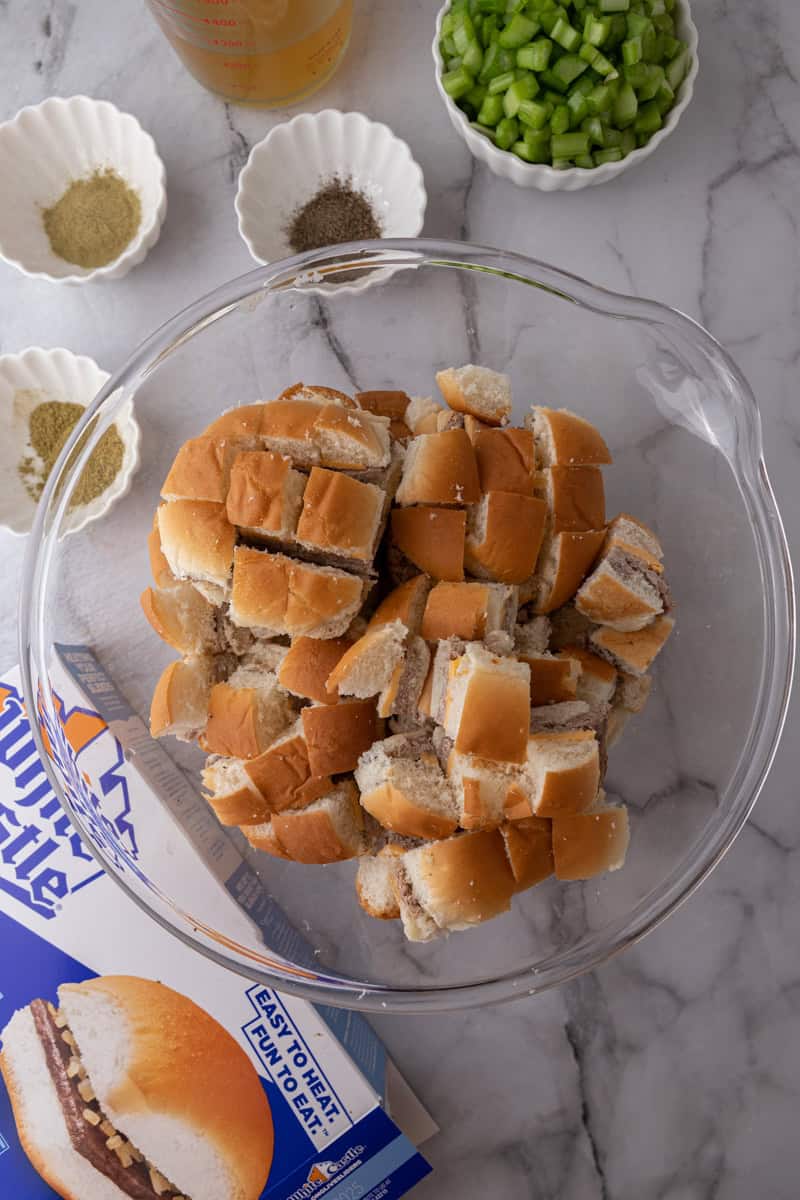 chopped up burgers in a bowl