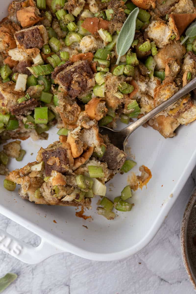 serving spoon scooping the white castle stuffing recipe