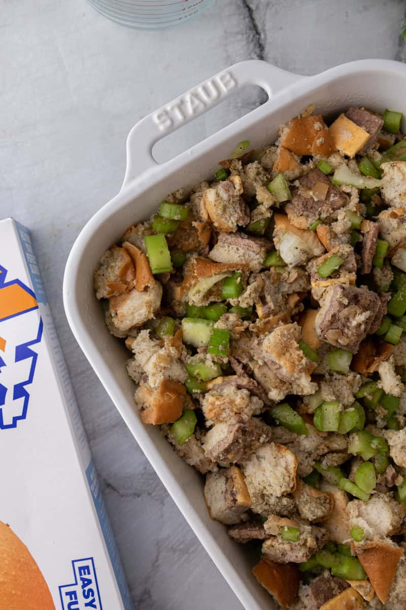 white castle stuffing recipe in a baking dish