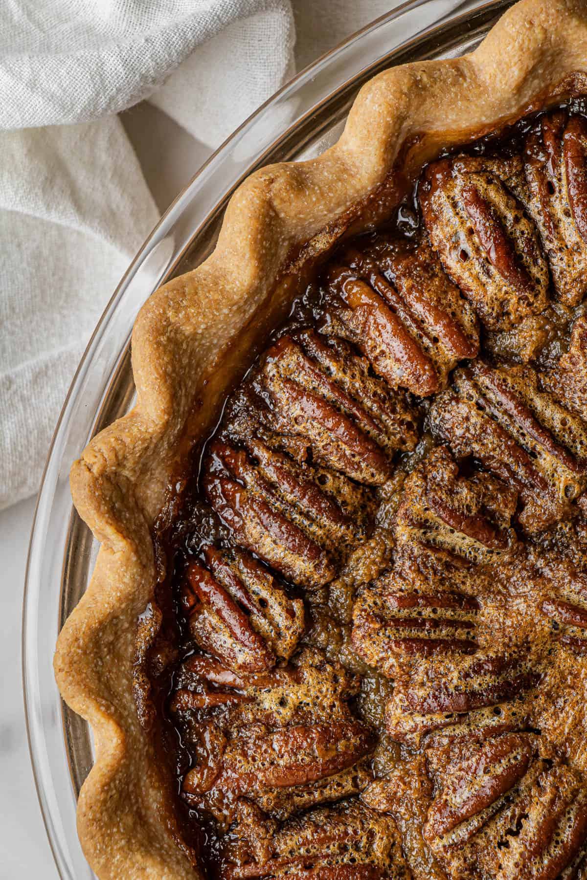 overhead view of pecan pie with Martha Stewart's pie crust recipe