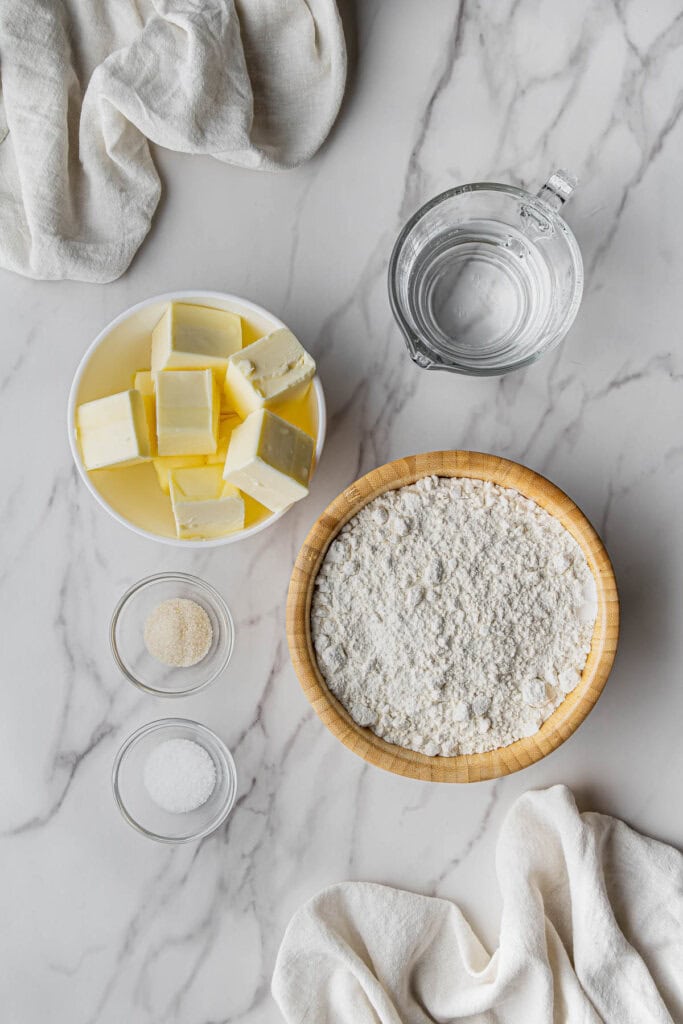 Martha Stewart's Pie Crust recipe ingredients in individual bowls