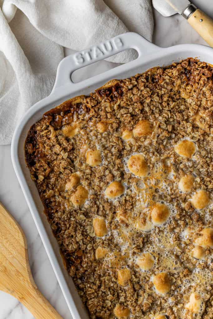 Boston Market Sweet Potato Casserole recipe in white casserole dish