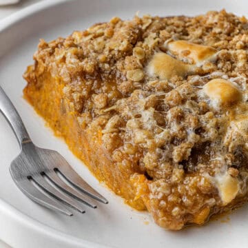 Boston Market Sweet Potato Casserole on a plate with a silver fork
