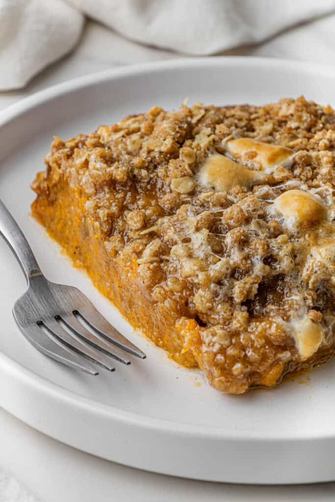 Boston Market Sweet Potato Casserole on a plate with a silver fork