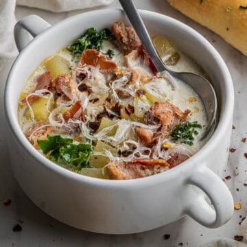 Olive Garden Zuppa Toscana in white soup cup