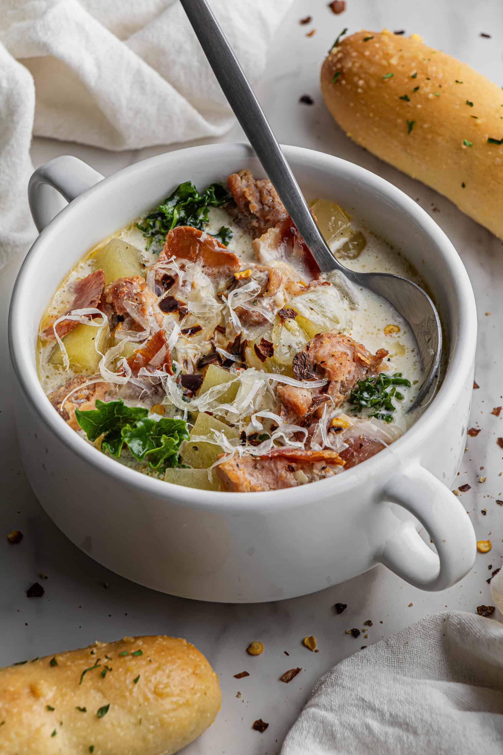 Olive Garden Zuppa Toscana in white soup cup