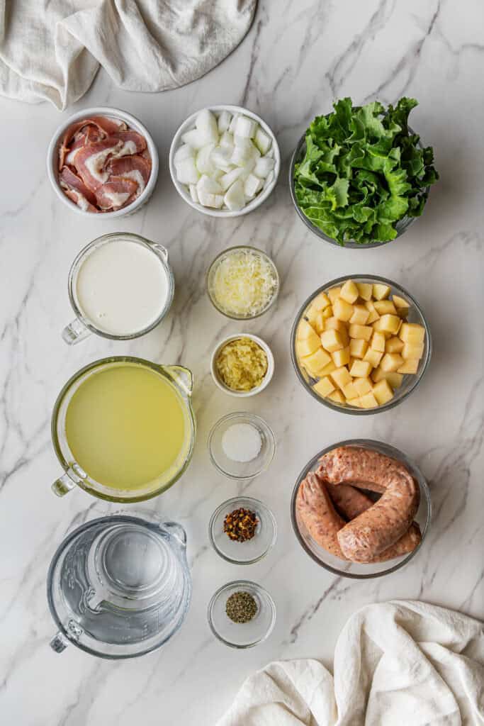 Olive Garden Authentic Zuppa Toscana ingredients in individual bowls