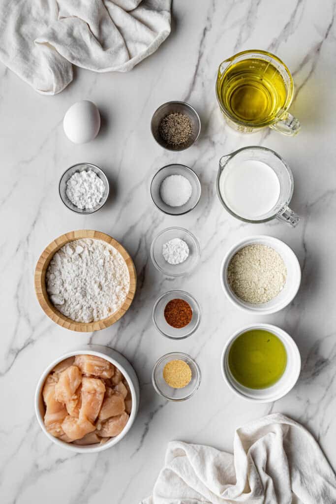 Chick-fil-A chicken nuggets copycat recipe ingredients in individual bowls
