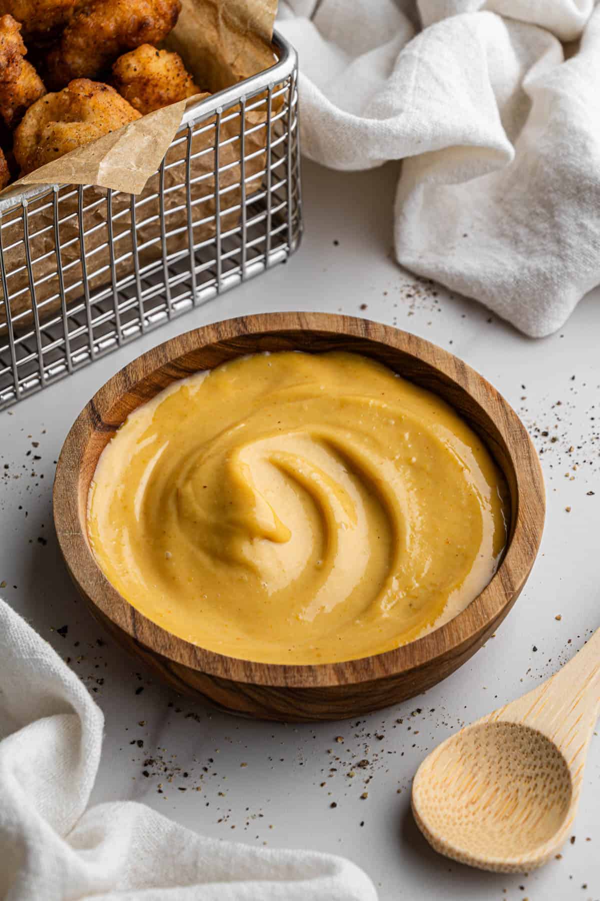 fast food dip in wooden bowl