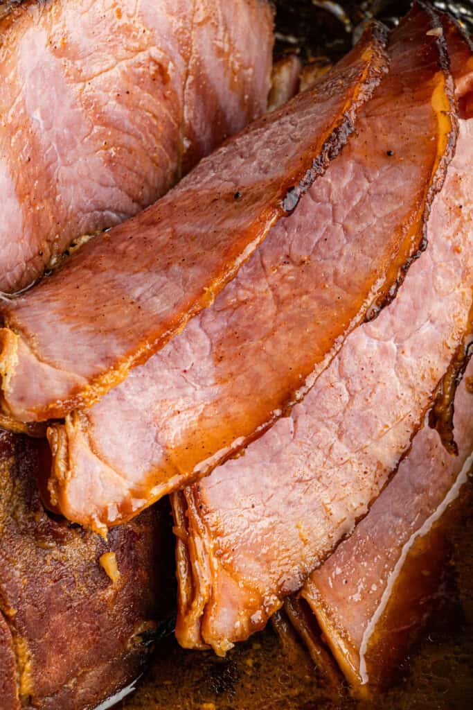 up close of slices of honey baked ham company copycat recipe