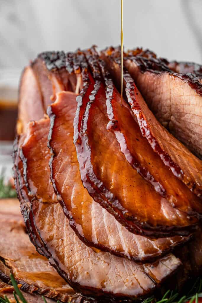 up close of the spiral cuts of the Honey Baked Ham Company Copycat Recipe