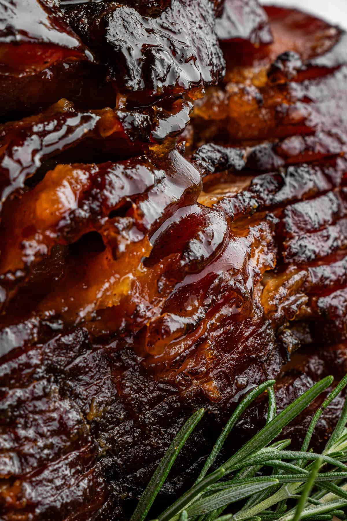 up close of the spiral cuts of Honey Baked Ham company copycat recipe