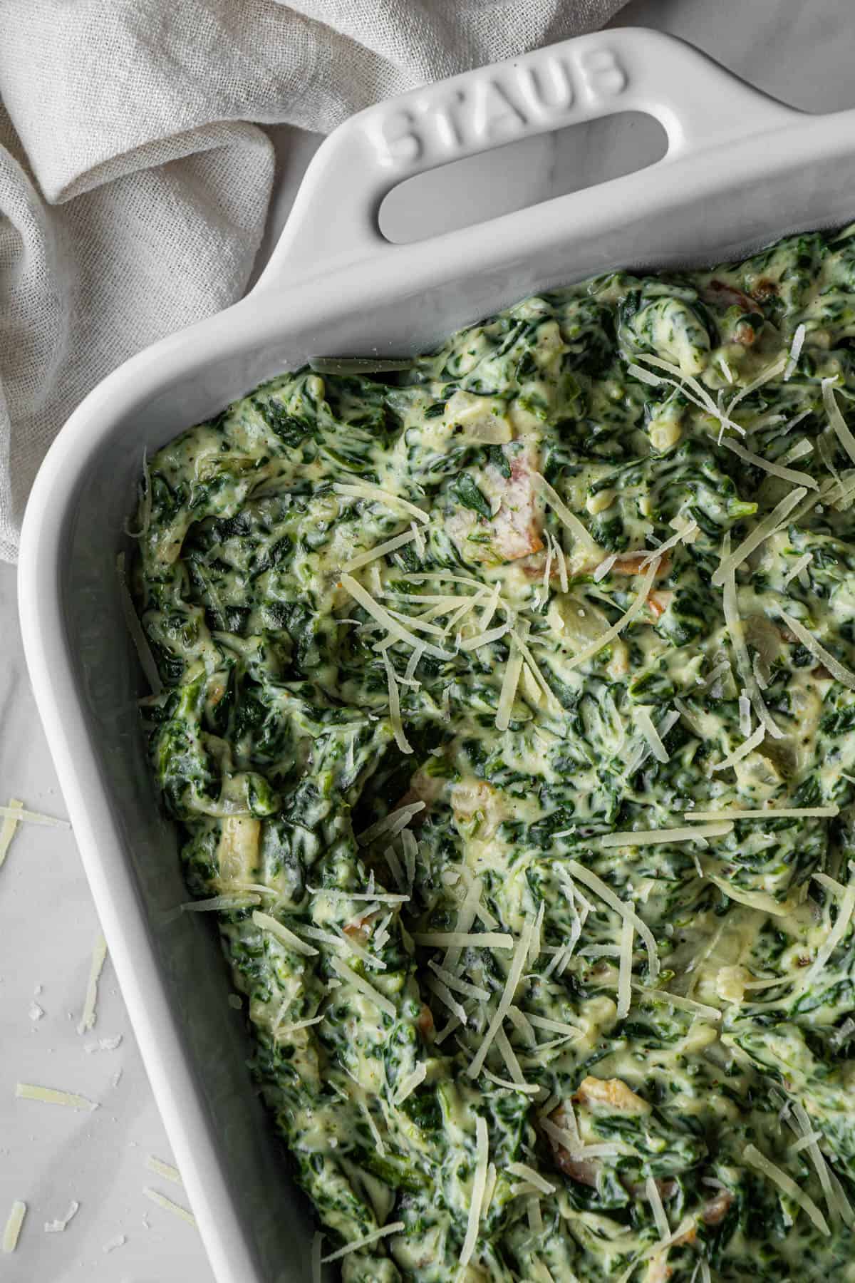 Lawry's Creamed Spinach copycat recipe in a white baking dish