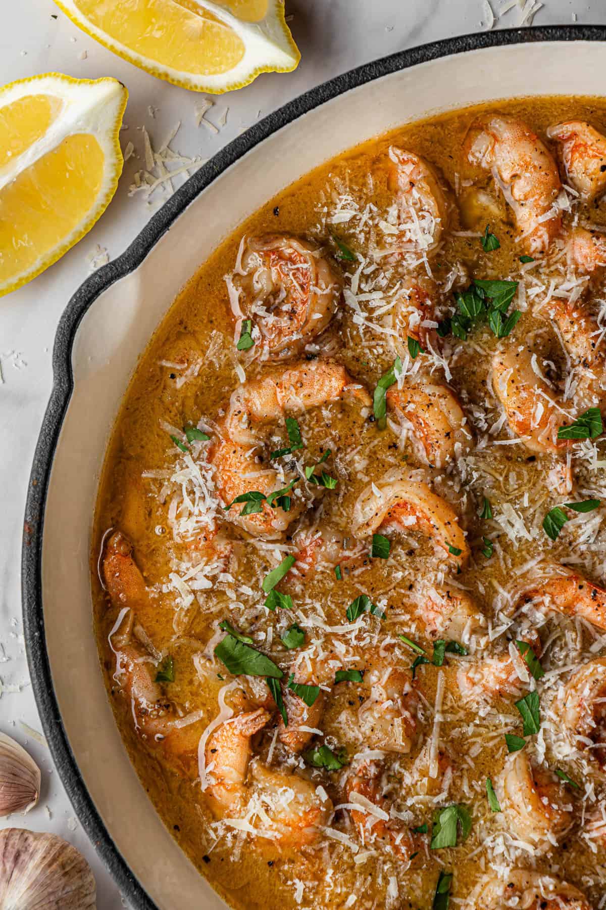 Red Lobster Shrimp Scampi copycat recipe in white skillet