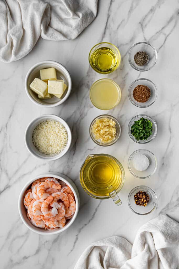 red lobster shrimp scampi copycat recipe ingredients in individual bowls