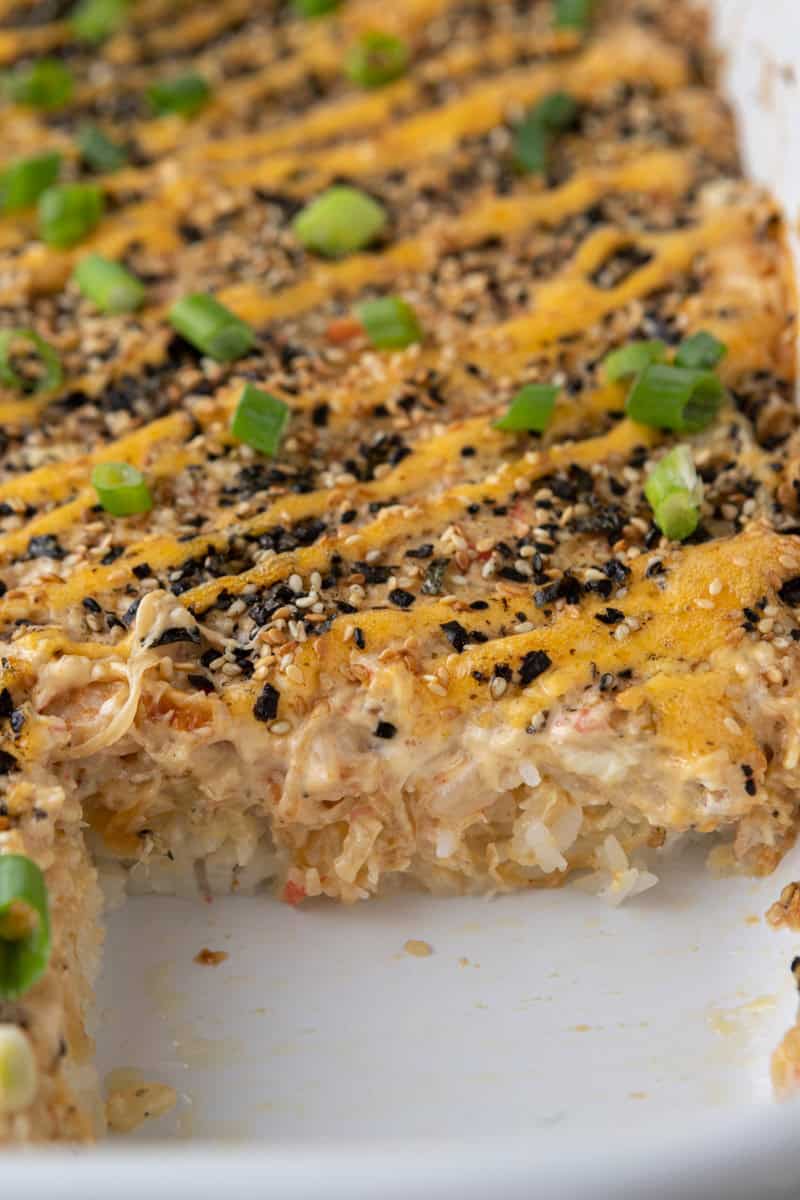 close up shot of the sushi bake recipe in a baking dish