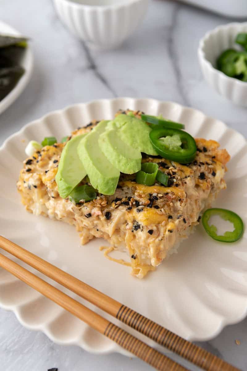 a slice of the sushi bake recipe on a plate