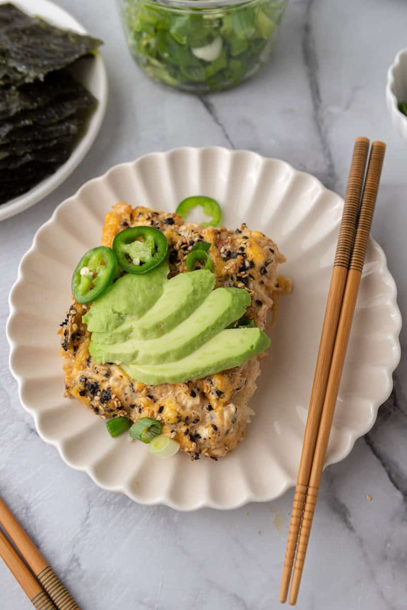 a slice of the sushi bake recipe on a plate
