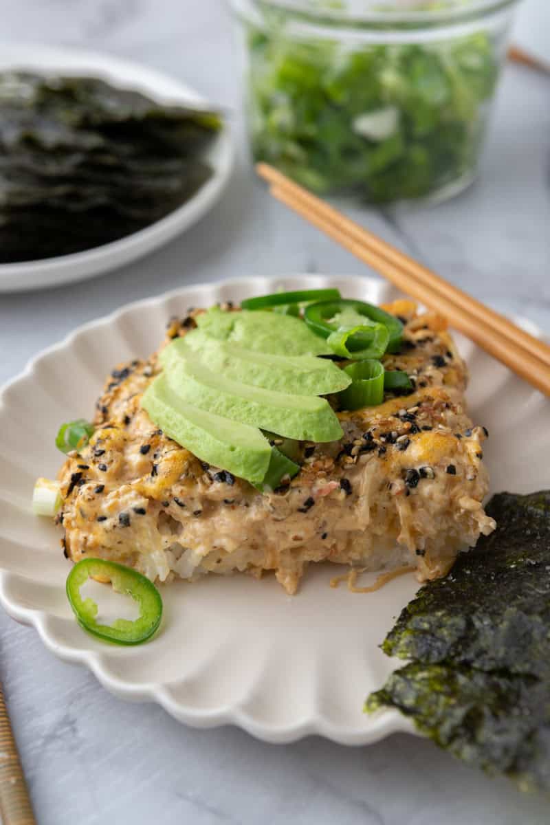a slice of the sushi bake recipe on a plate