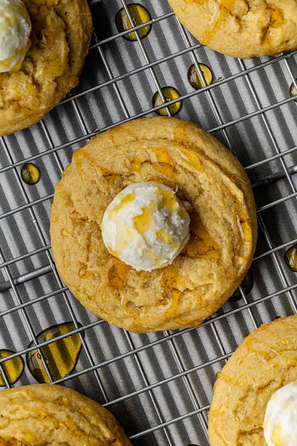 Flat lay shot of a batch of Crumbl Cornbread Cookies Copycat recipe, all placed in a wire rack.