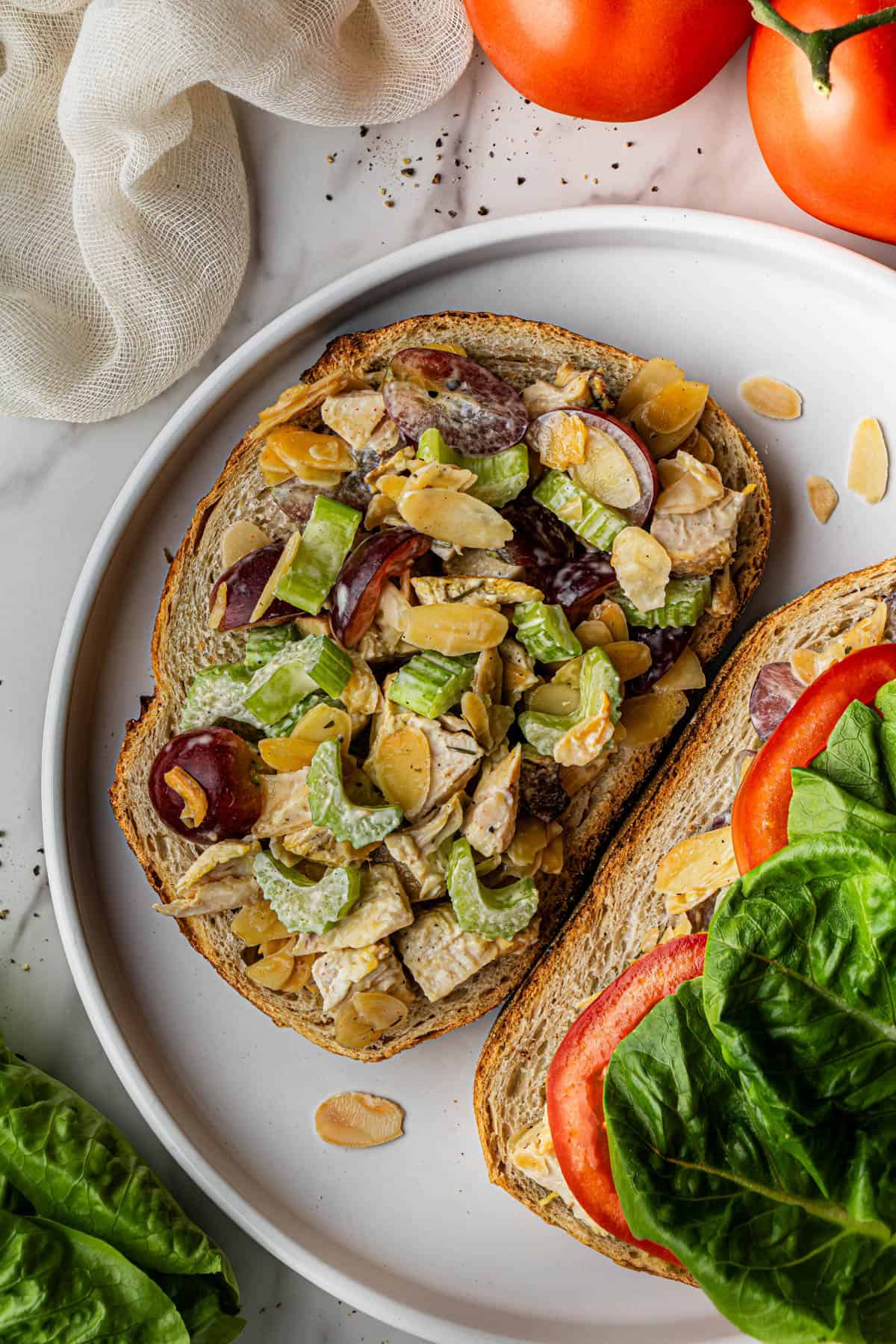Copycat Panera Bread Napa Almond Chicken Salad Recipe opened up on a plate