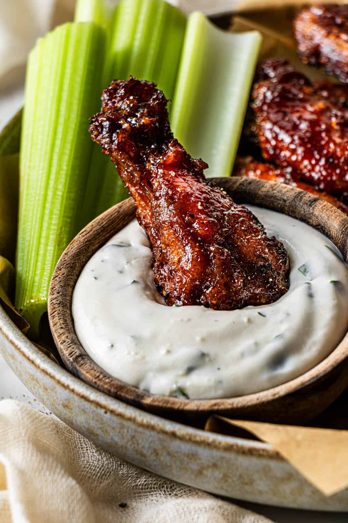 Hooters Daytona Wings Recipe Copycat going into ranch dip