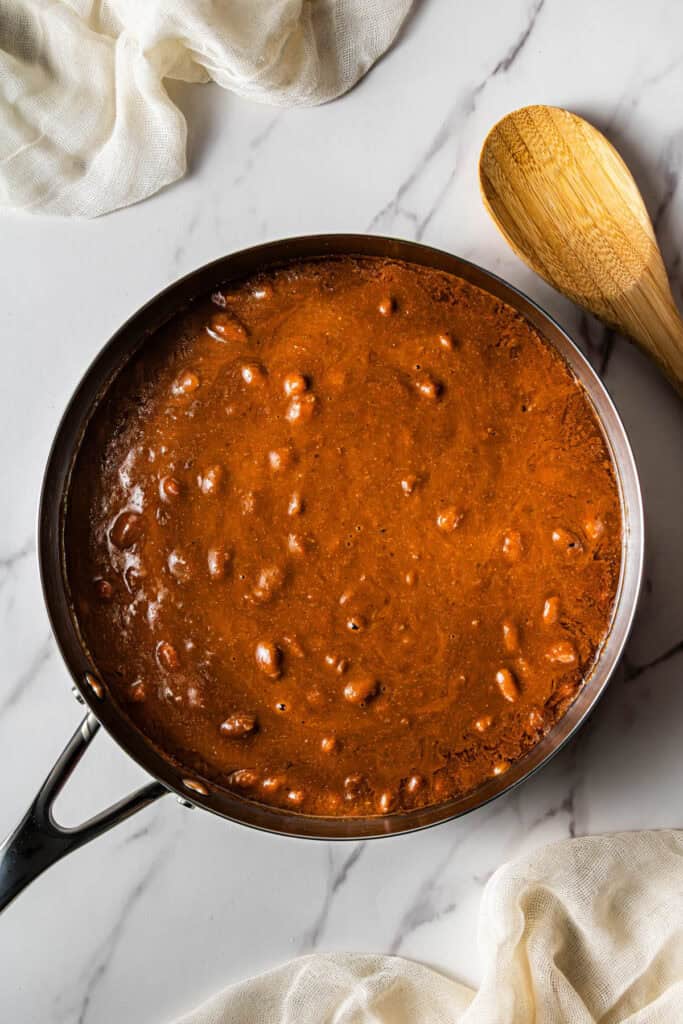 A skillet with the finished Popeye's Copycat Red Beans.