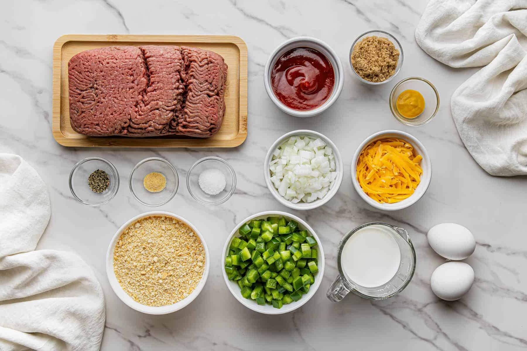 Cracker Barrel meatloaf recipe ingredients in individual cups