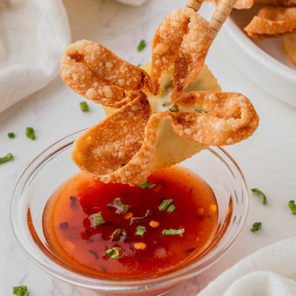 Crispy Panda Express Cream Cheese Rangoon Recipe served with sweet chili sauce