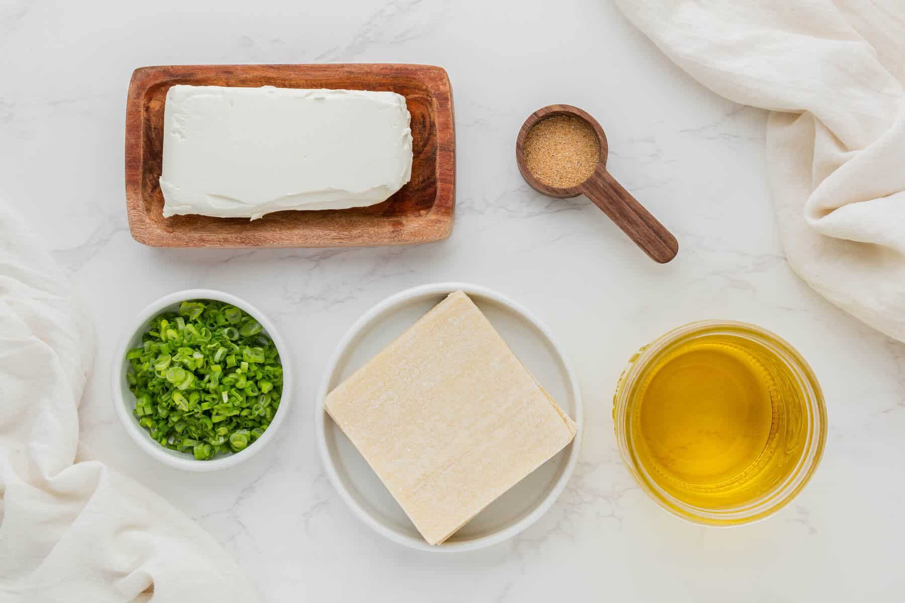 Panda Express Cream Cheese Rangoon Recipe ingredients arranged on marble surface